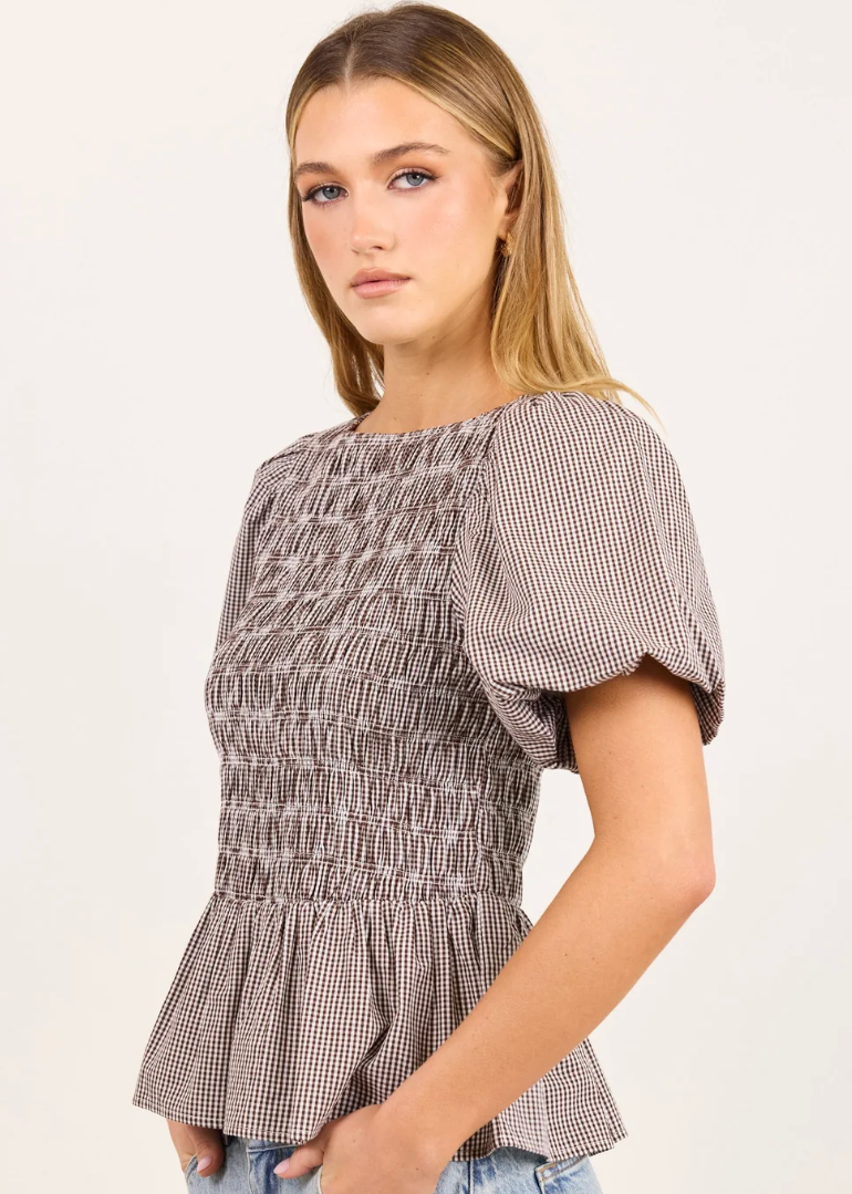 Artifact Mini Gingham Shirred Bubble Sleeve Top - Chocolate | Abbey Road Kaikoura