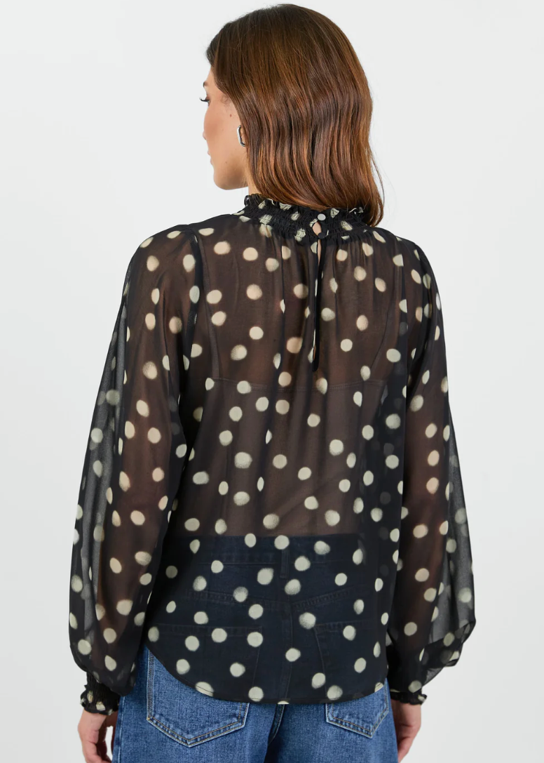 Emphatic Black Polka Dot Georgette High Neck LS Top | Abbey Road Kaikoura
