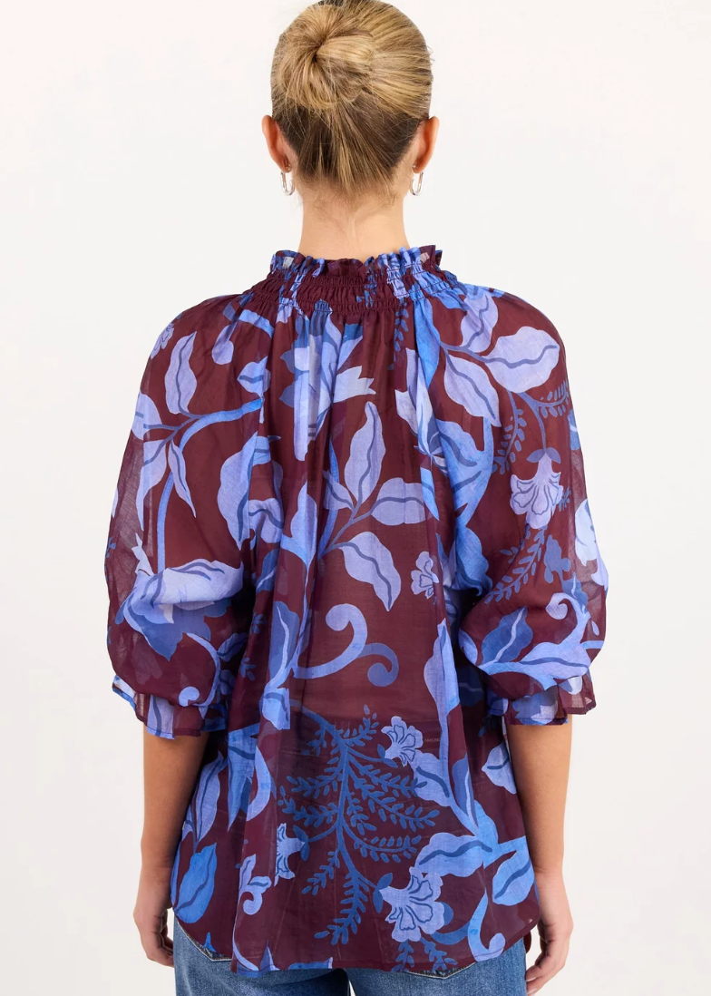 Expedition Burgundy Blue Floral Shirred Neck Top | Abbey Road Kaikoura