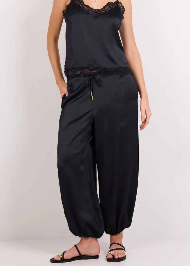 Fluidity Black Satin Balloon Pull on Pants | Abbey Road Kaikoura