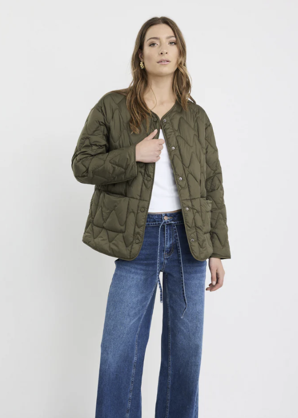 Frankly Khaki Boxy Snap Front Puffer Jacket | Abbey Road Kaikoura