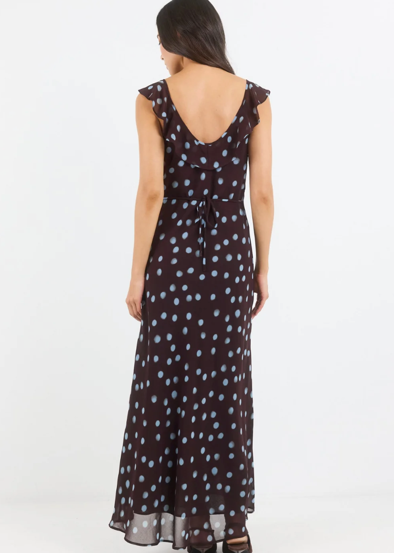 Joyous Chocolate Blue Polka Dot Georgette Bias Slip Maxi | Abbey Road Kaikoura
