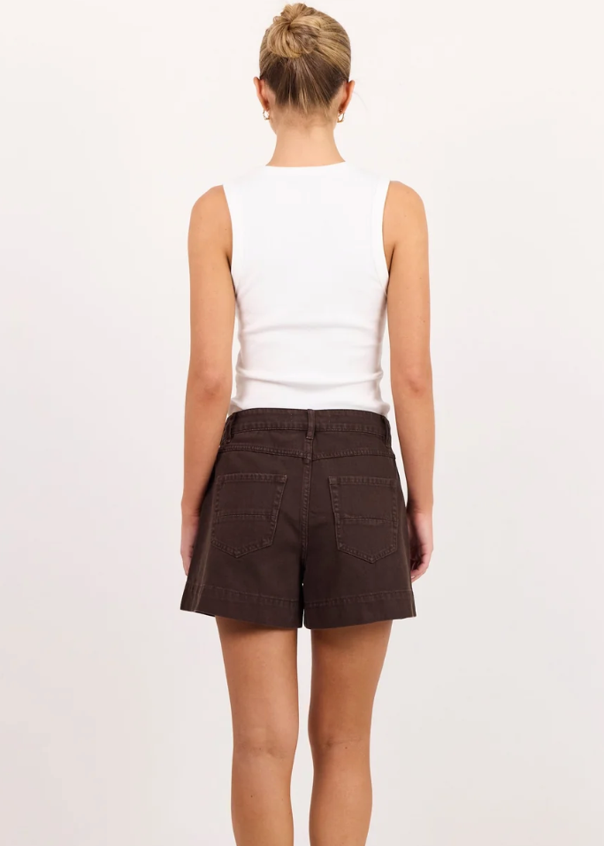 Kindly Dark Chocolate Pocket Front Denim Short | Abbey Road Kaikoura