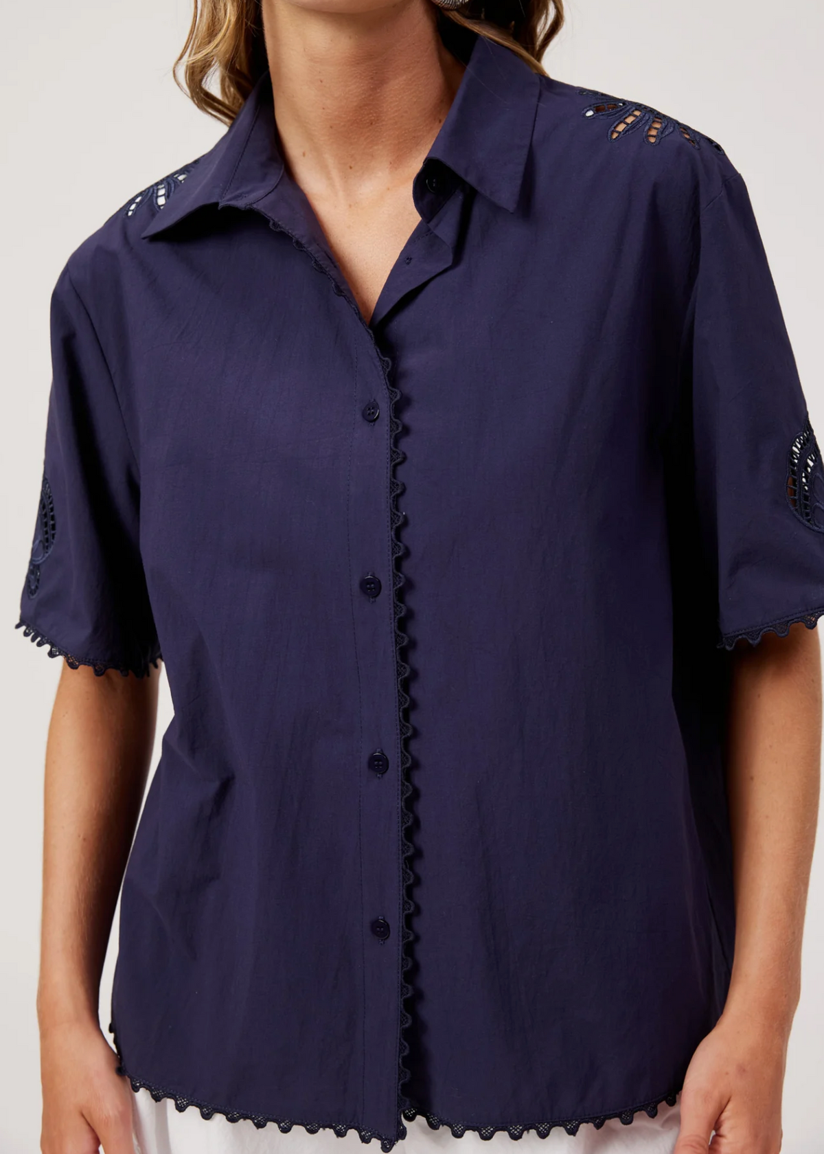 Larissa Broderie Shirt - Navy | Abbey Road Kaikoura