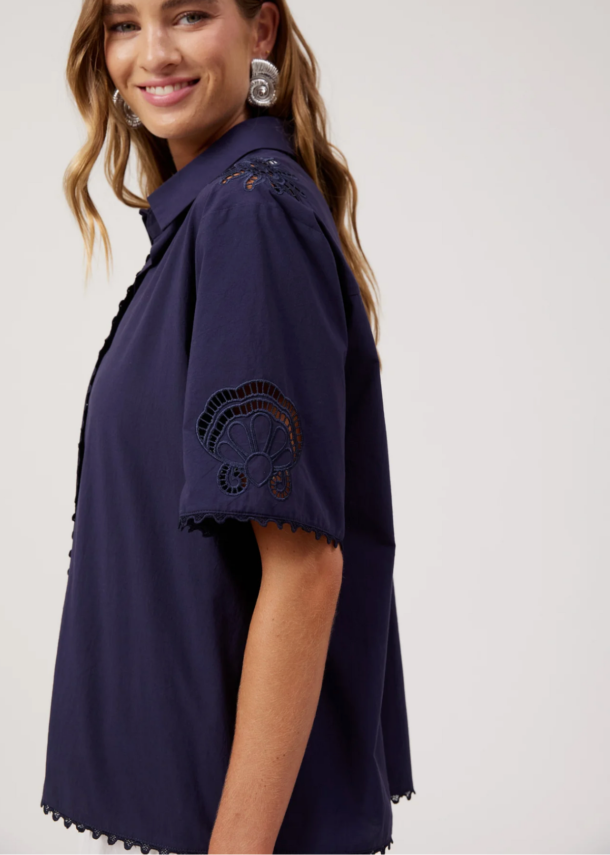 Larissa Broderie Shirt - Navy | Abbey Road Kaikoura