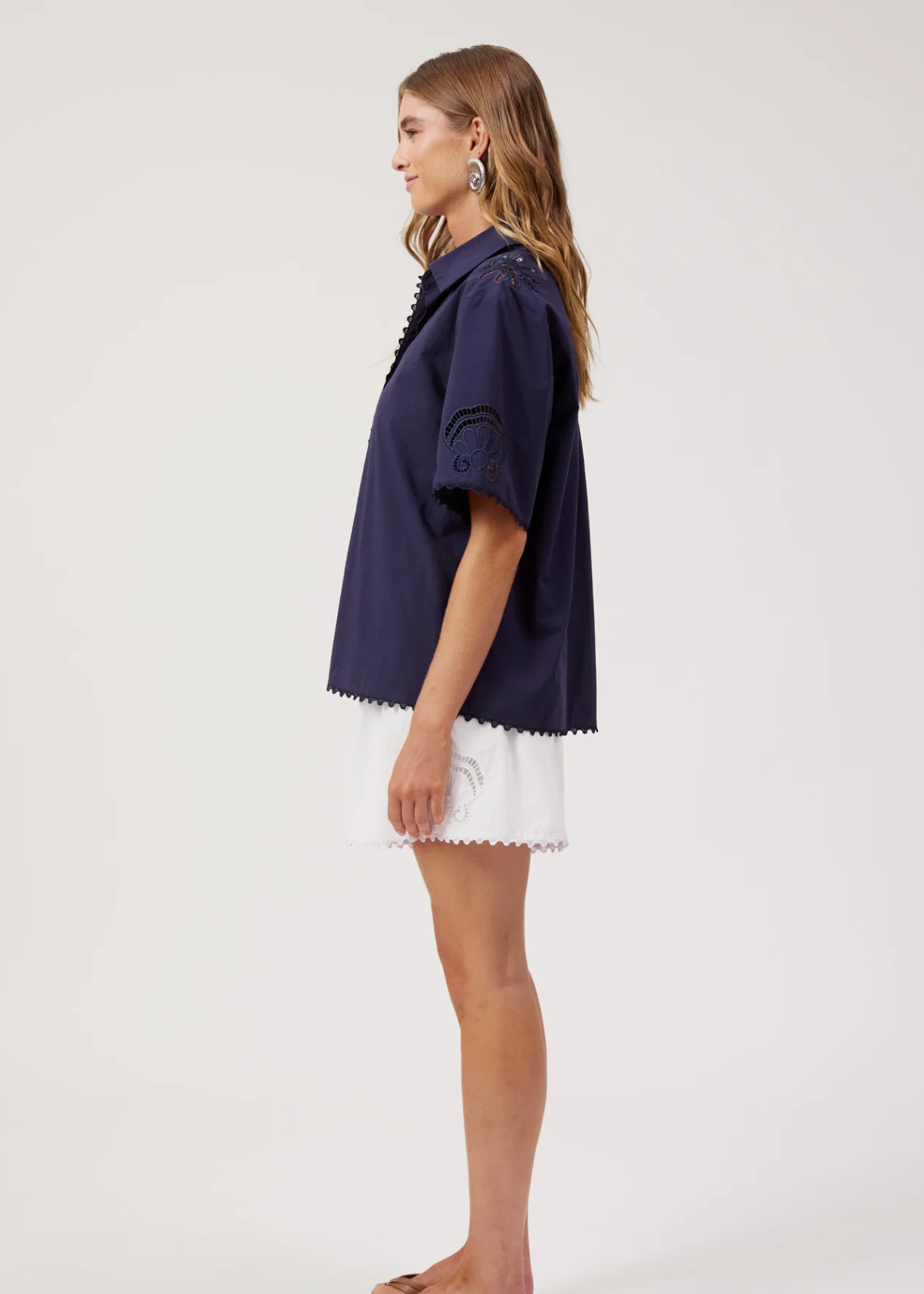 Larissa Broderie Shirt - Navy | Abbey Road Kaikoura