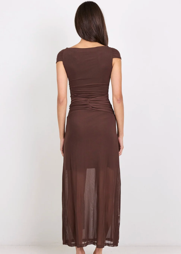 Monarch Mesh Off Shoulder Maxi Dress Chocolate | Abbey Road Kaikoura