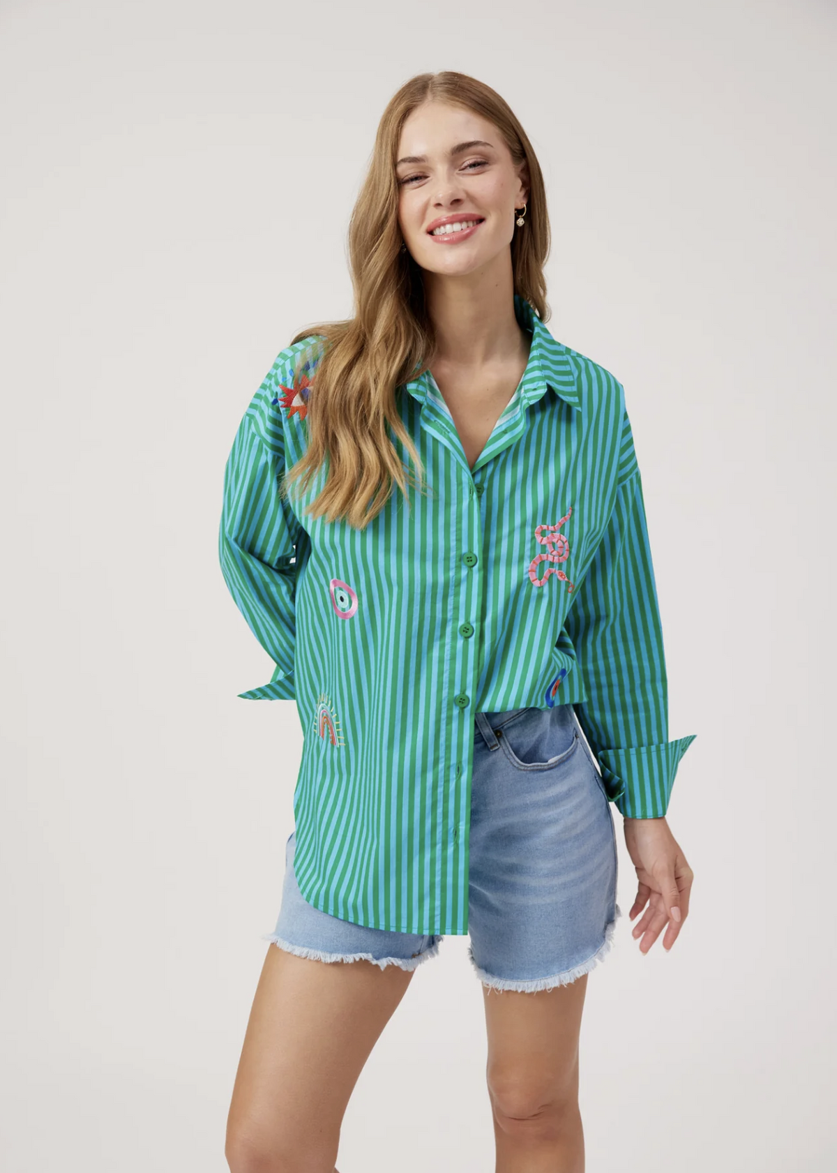 Mykonos Embroidered Stripe Shirt - Green | Abbey Road Kaikoura