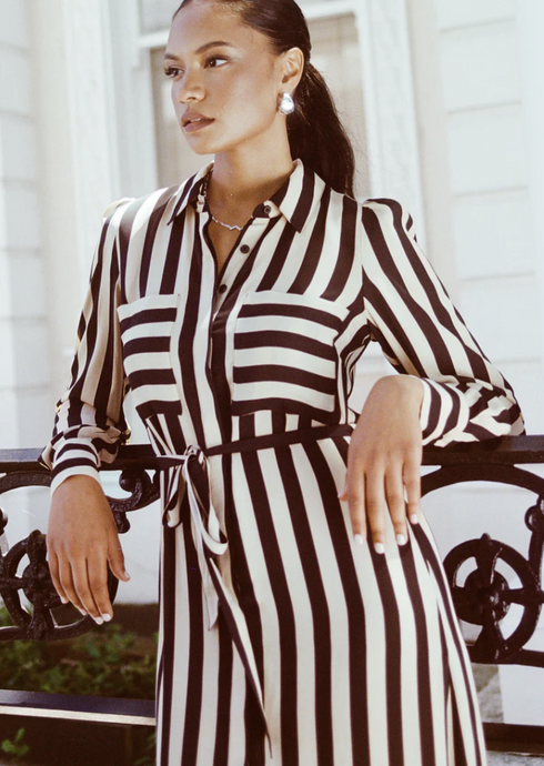Among The Brave Cyprus Black Stripe LS Shirt Dress-Black Stripe|Abbey Road