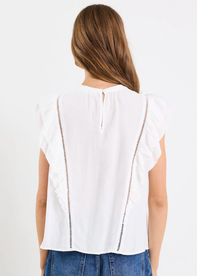 Exotic Ivory Sheer High Neck Frill Sleeve Top | Abbey Road Kaikoura
