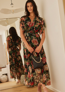 BY ROSA. Black Floral Flutter Sleeve Maxi Dress | Abbey Road Kaikoura