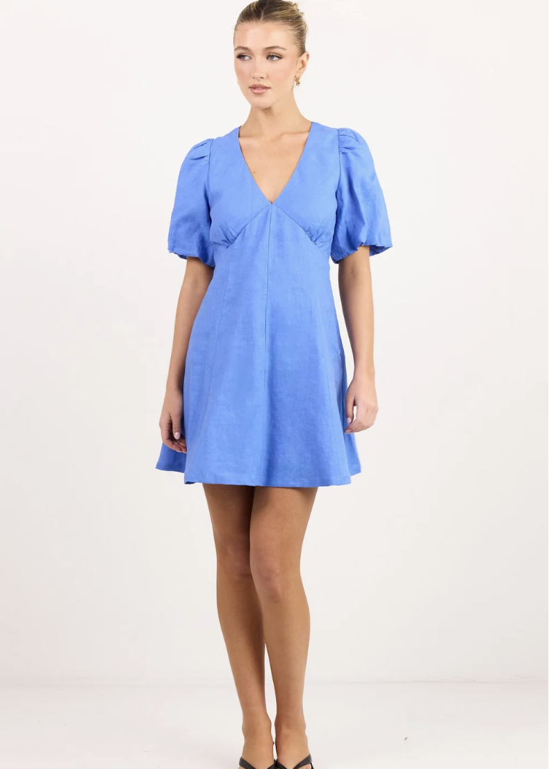 Adelaide Blue Linen Puff Sleeve Panelled Mini Dress | Abbey Road Kaikoura