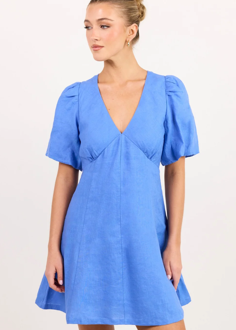 Adelaide Blue Linen Puff Sleeve Panelled Mini Dress | Abbey Road Kaikoura