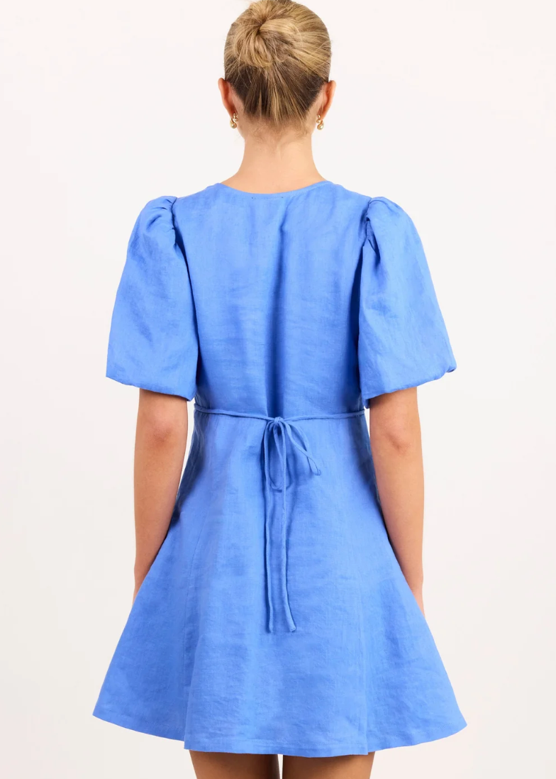 Adelaide Blue Linen Puff Sleeve Panelled Mini Dress | Abbey Road Kaikoura