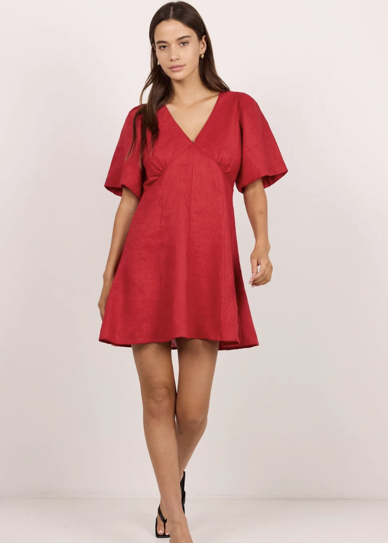 Adelaide Red Linen Puff Sleeve Panelled Mini Dress | Abbey Road Kaikoura