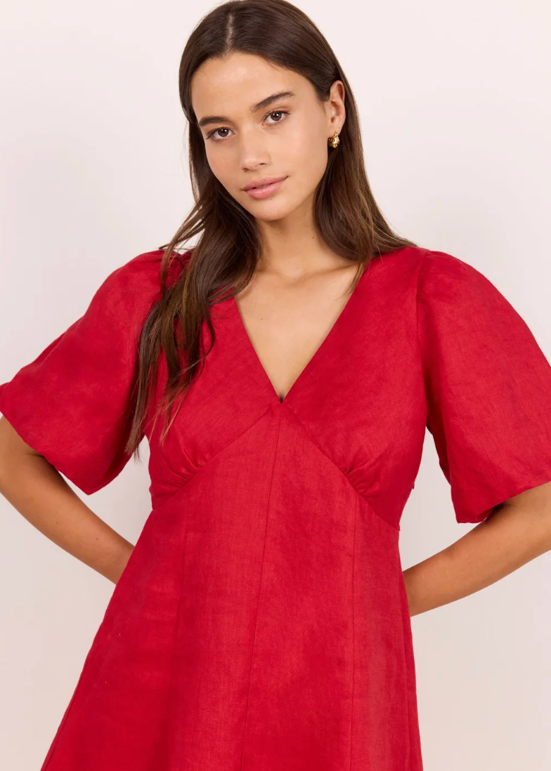 Adelaide Red Linen Puff Sleeve Panelled Mini Dress | Abbey Road Kaikoura