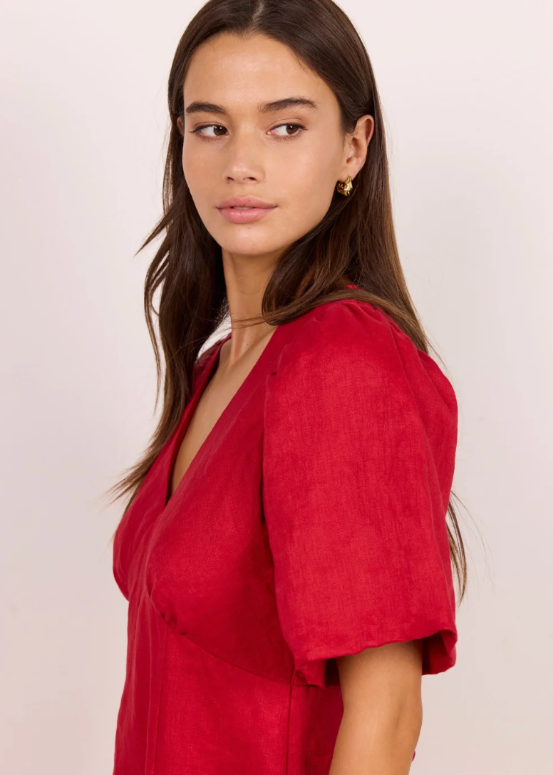 Adelaide Red Linen Puff Sleeve Panelled Mini Dress | Abbey Road Kaikoura