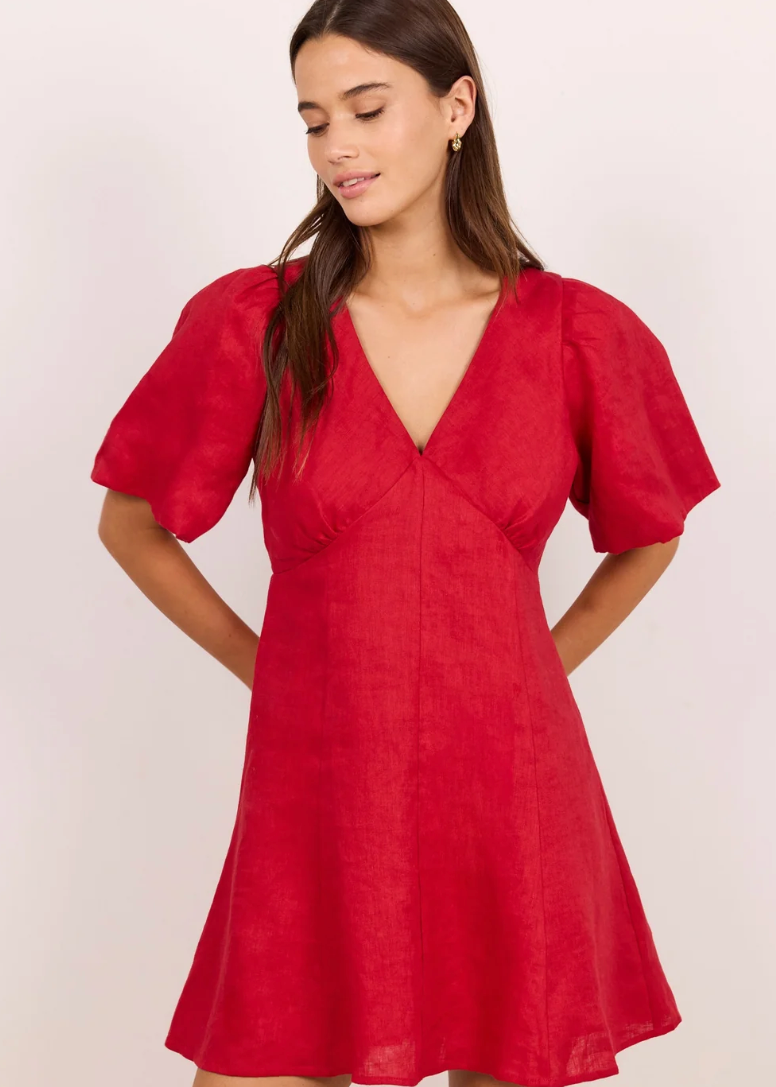 Adelaide Red Linen Puff Sleeve Panelled Mini Dress | Abbey Road Kaikoura