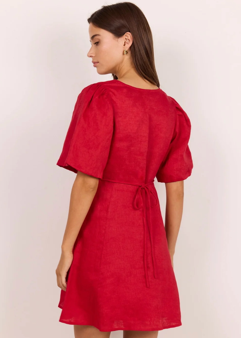 Adelaide Red Linen Puff Sleeve Panelled Mini Dress | Abbey Road Kaikoura