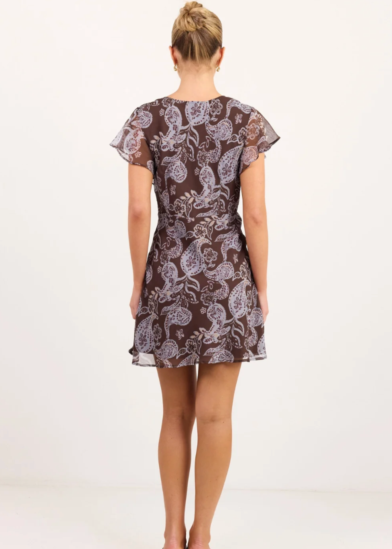 Adorned Chocolate Paisley Georgette Flutter Sleeve Mini Dress | Abbey Road Kaikoura