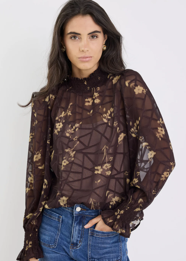 Affection Chocolate Butter Floral Shirred High Neck LS Top | Abbey Road Kaikoura
