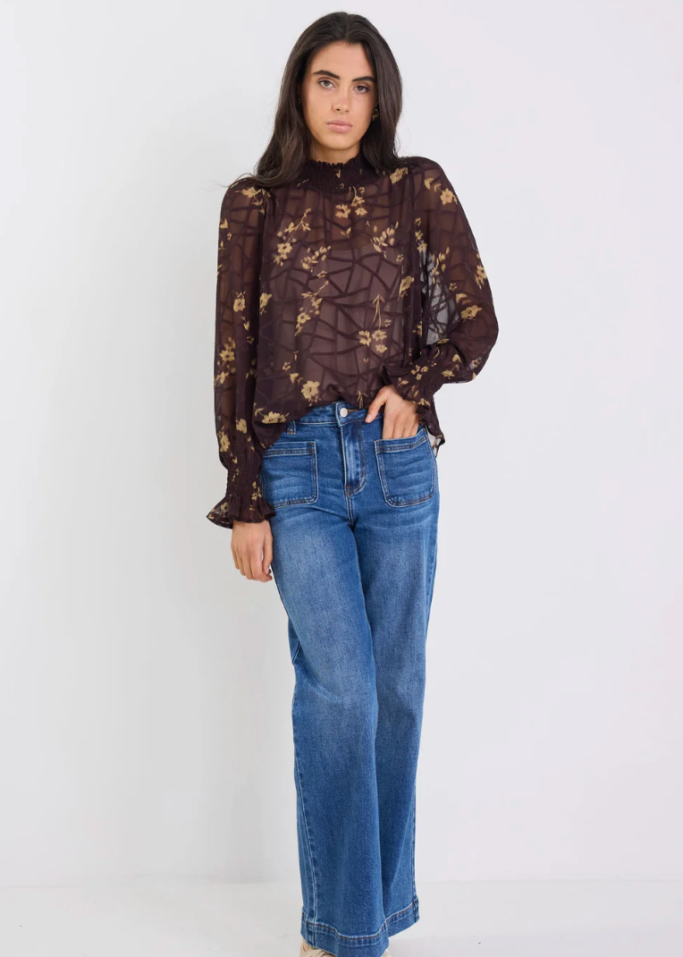 Affection Chocolate Butter Floral Shirred High Neck LS Top | Abbey Road Kaikoura