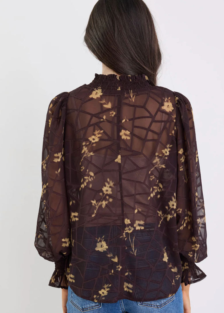 Affection Chocolate Butter Floral Shirred High Neck LS Top | Abbey Road Kaikoura