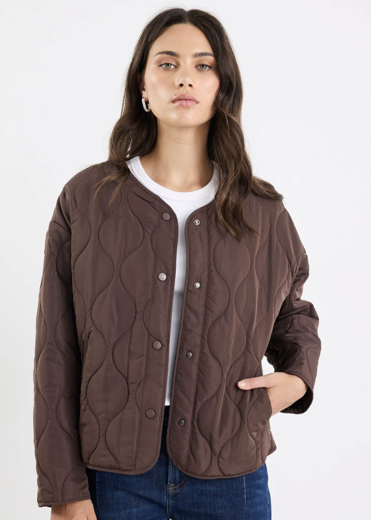 Apex Chocolate Collarless Quilted Puffer Jacket | Abbey Road Kaikoura
