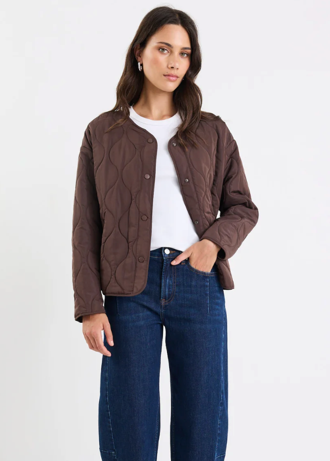 Apex Chocolate Collarless Quilted Puffer Jacket | Abbey Road Kaikoura