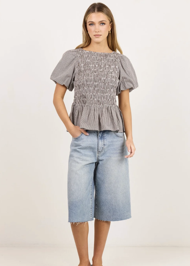 Artifact Mini Gingham Shirred Bubble Sleeve Top - Chocolate | Abbey Road Kaikoura