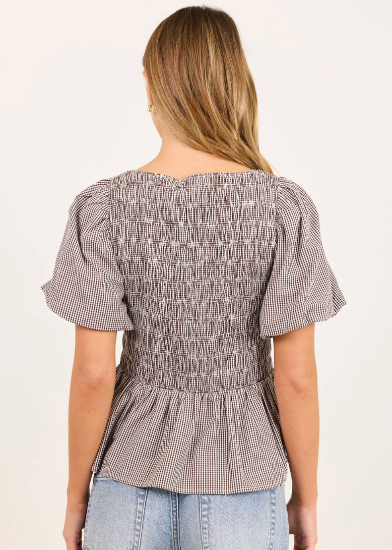 Artifact Mini Gingham Shirred Bubble Sleeve Top - Chocolate | Abbey Road Kaikoura