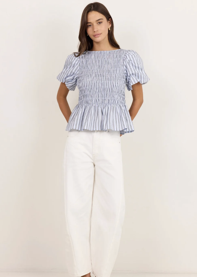 Artifact Pale Blue Stripe Shirred Bubble Sleeve Top | Abbey Road Kaikoura