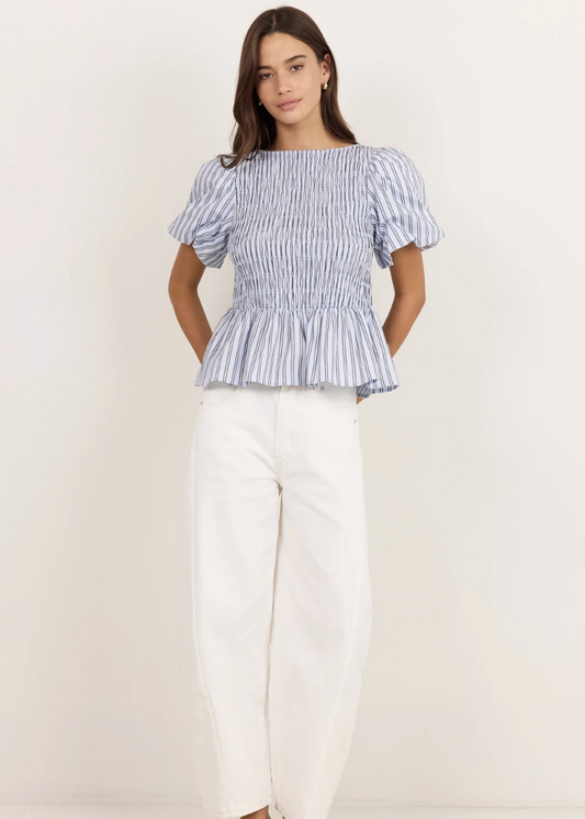 Artifact Pale Blue Stripe Shirred Bubble Sleeve Top | Abbey Road Kaikoura