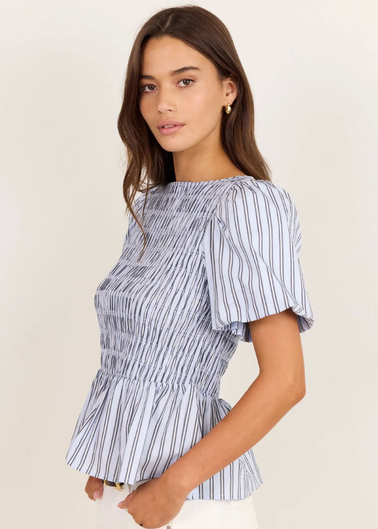 Artifact Pale Blue Stripe Shirred Bubble Sleeve Top | Abbey Road Kaikoura