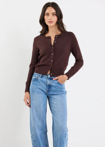 Autograph Chocolate Soft Fine Edge Gauge Crewneck Cardigan | Abbey Road Kaikoura