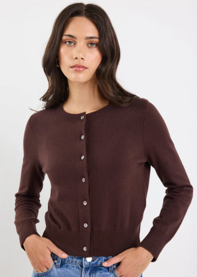 Autograph Chocolate Soft Fine Edge Gauge Crewneck Cardigan | Abbey Road Kaikoura