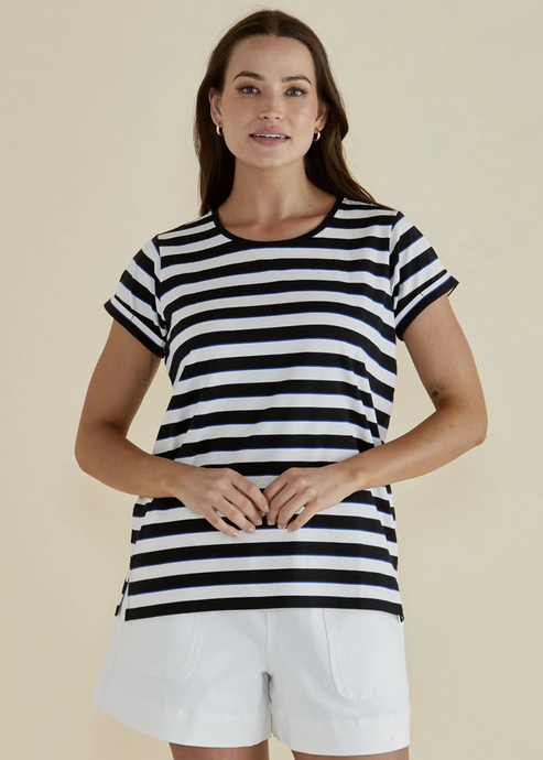 Betty Basics Caia Crew Tee Black and Blue Stripe | Abbey Road Kaikoura