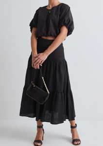 Among The Brave Blazing Black Linen Tiered Midi Skirt|Abbey Road