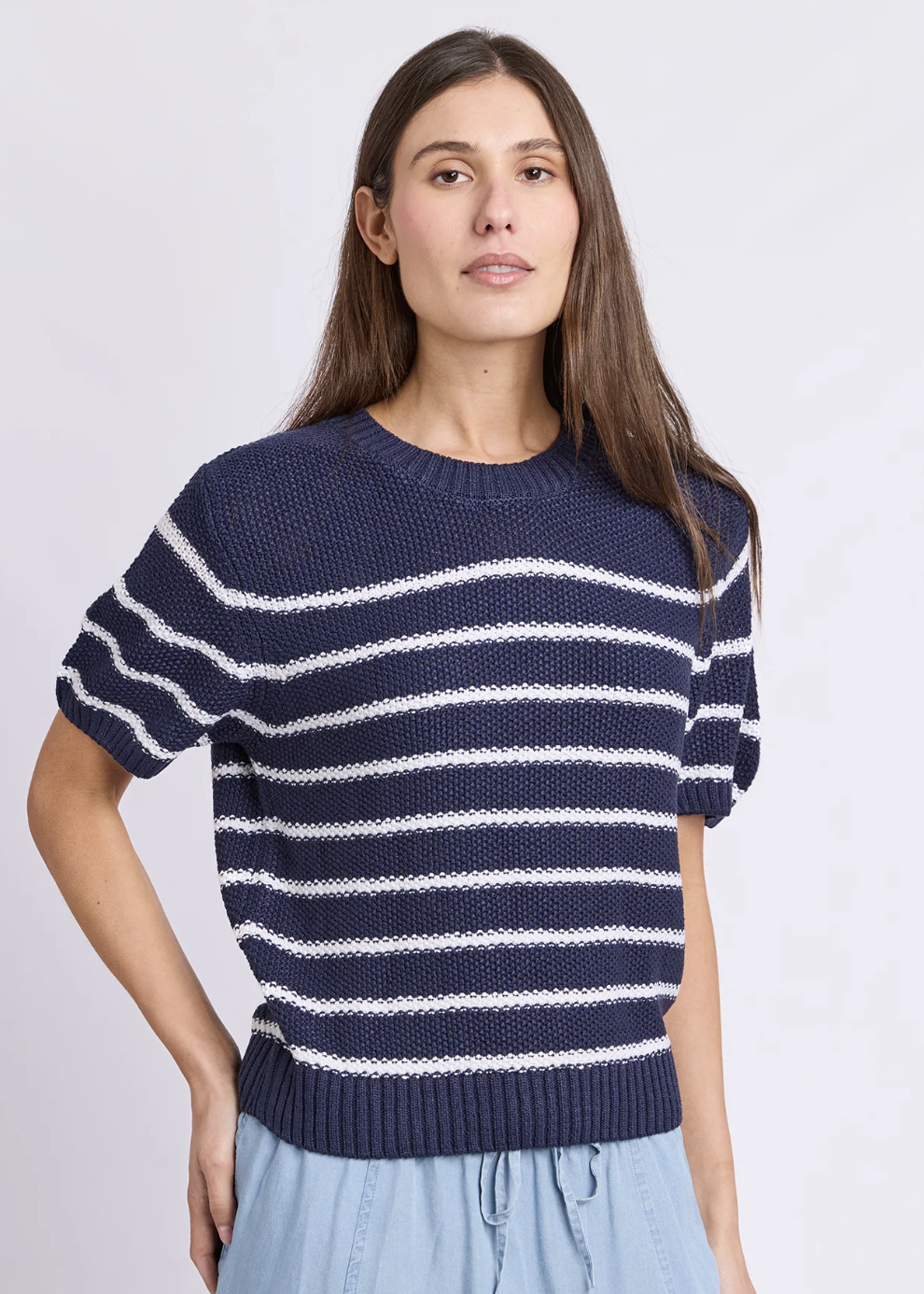 Blair Stripe Short Sleeve Knit - Navy | Abbey Road Kaikoura