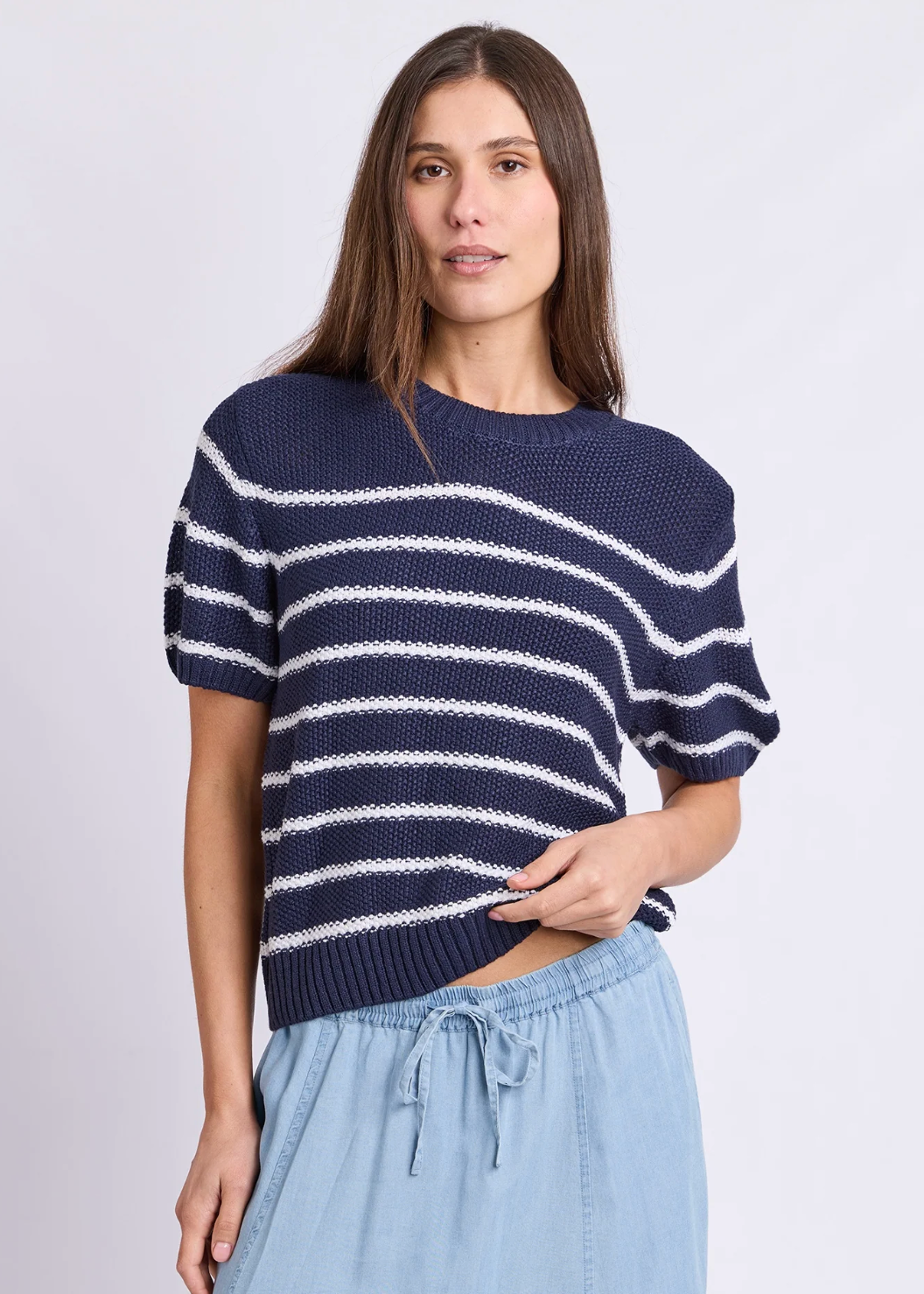 Blair Stripe Short Sleeve Knit - Navy | Abbey Road Kaikoura