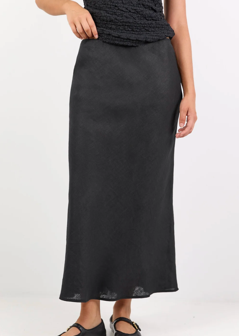 Bliss Black Linen Bias Midi Skirt | Abbey Road Kaikoura