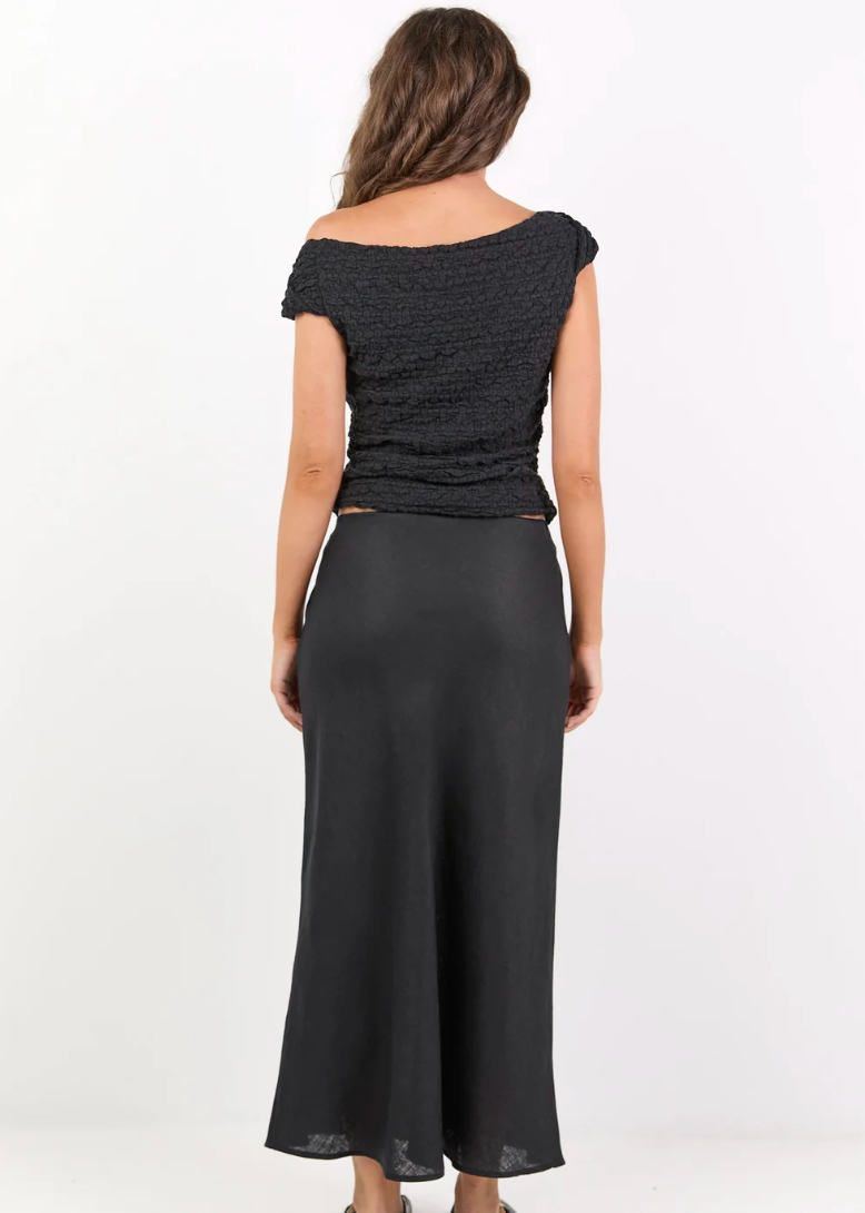 Bliss Black Linen Bias Midi Skirt | Abbey Road Kaikoura