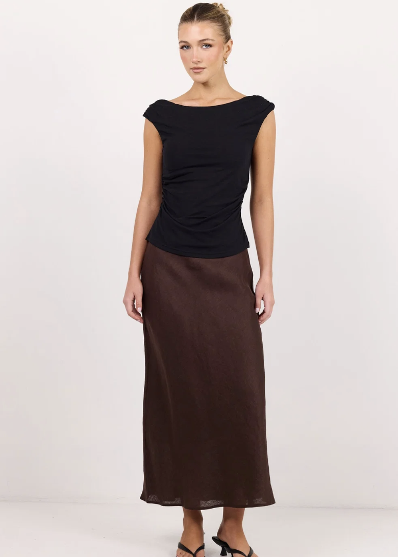 Bliss Dark Chocolate Linen Bias Midi Skirt | Abbey Road Kaikoura