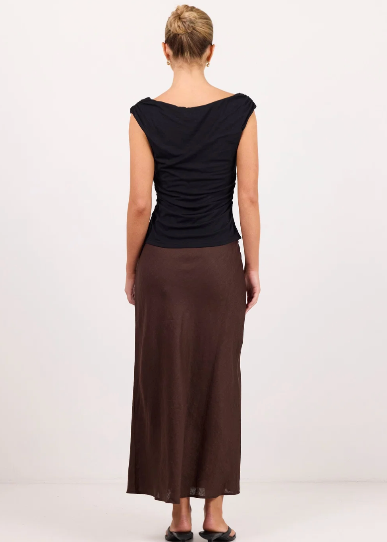 Bliss Dark Chocolate Linen Bias Midi Skirt | Abbey Road Kaikoura