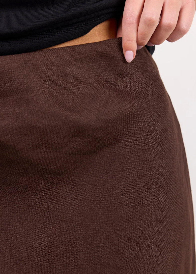 Bliss Dark Chocolate Linen Bias Midi Skirt | Abbey Road Kaikoura