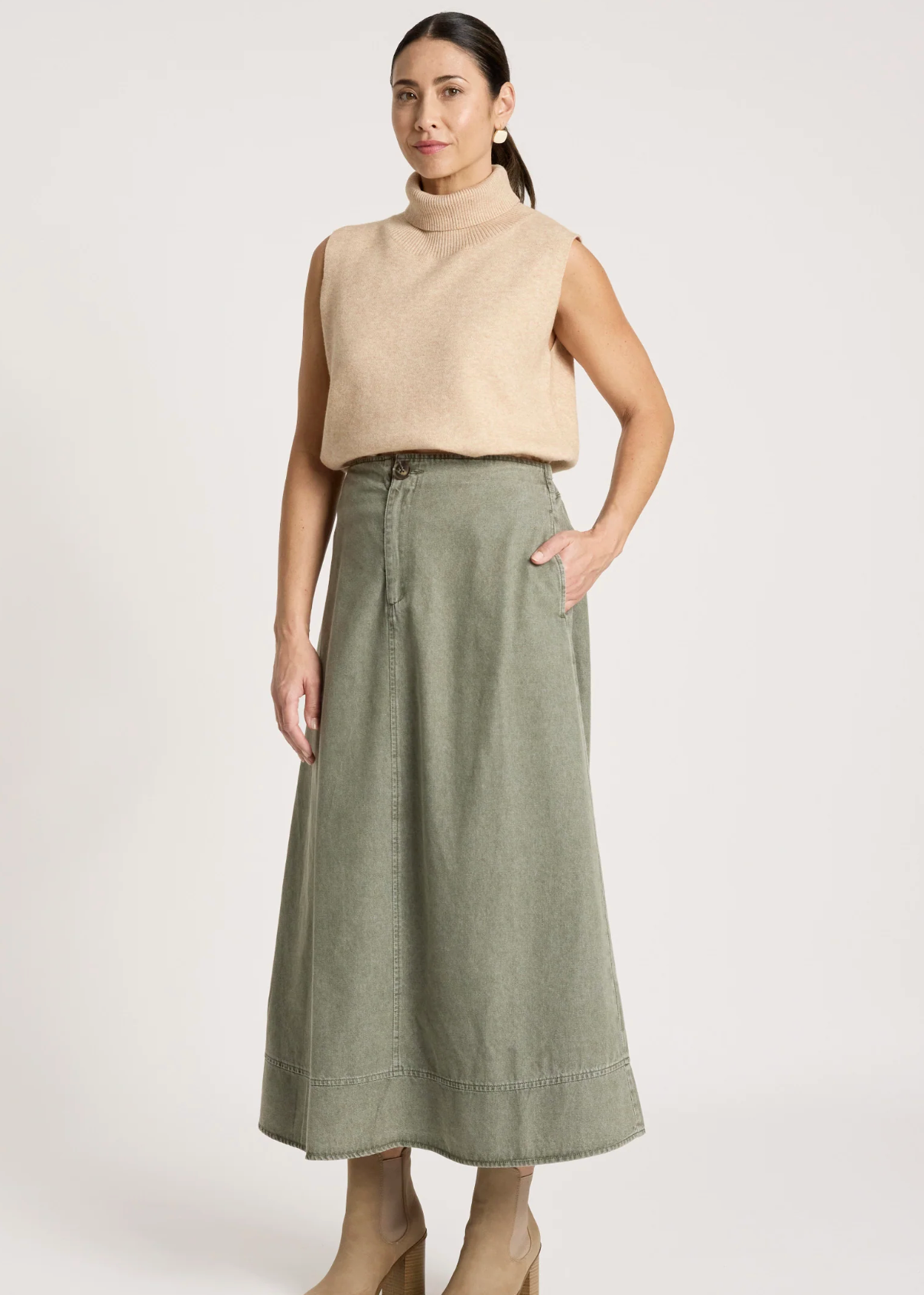 Bodhi Denim Skirt - Olive | Abbey Road Kaikoura