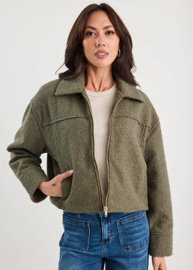 Boucle Zip Front Jacket Khaki | Abbey Road Kaikoura