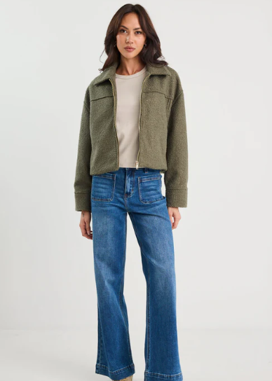 Boucle Zip Front Jacket Khaki | Abbey Road Kaikoura