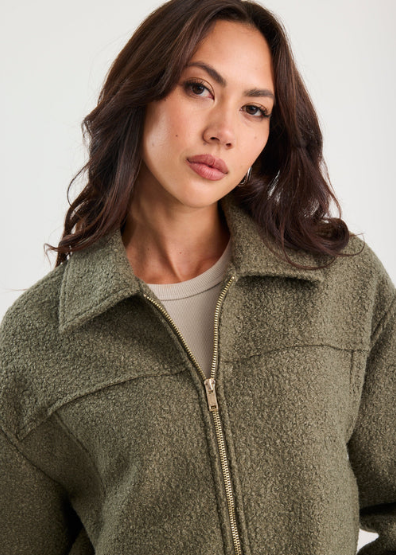 Boucle Zip Front Jacket Khaki | Abbey Road Kaikoura