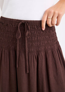 Byron Chocolate Linen Blend Shirred Waist Maxi Skirt | Abbey Road Kaikoura